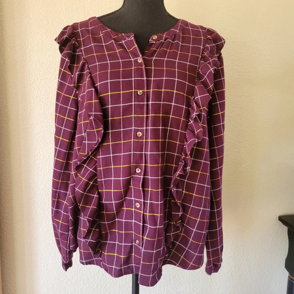 🔥 (5for$35) SONOMA Burgundy  Plaid Ruffled Longsleeve Button Down